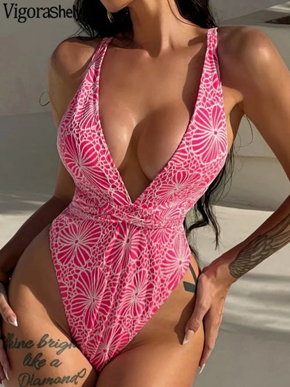 Lady Print Swimwear Women Deep V One Piece Swimsuit Monokini Cross Hollow Backless Beach Bathing Suit