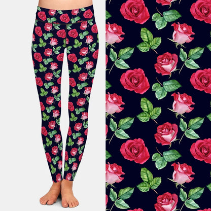 Women Leggings 3D Watercolor Rose Blooms and Leaves Print High Waist Fitness Stretch Pants