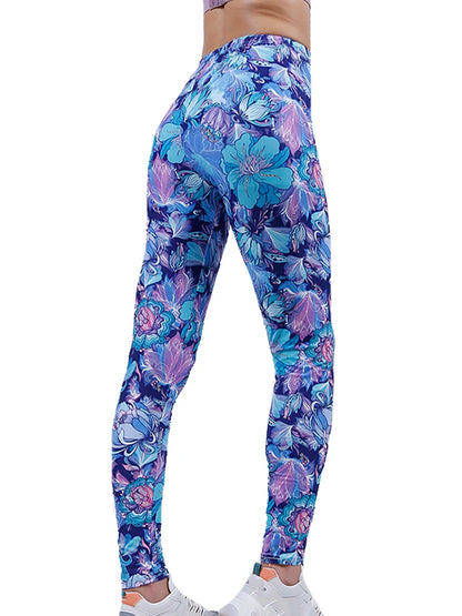 Women's Blue Floral Print Leggings Lady Skinny Stretch Leggins Fitness High Elastic Pencil Pants Stretch Tights