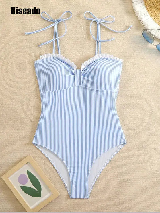 Women’s Pink Striped One Piece Swimsuits Tie Shoulder High Cut Tummy Control Bathing Suit Summer Beach Swimwear