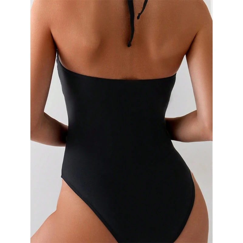 Women's Fashion Retro Printed One-piece Swimsuit Neck Hanging Backless Swimming Suit Summer Pool Beach Holiday Swimwear