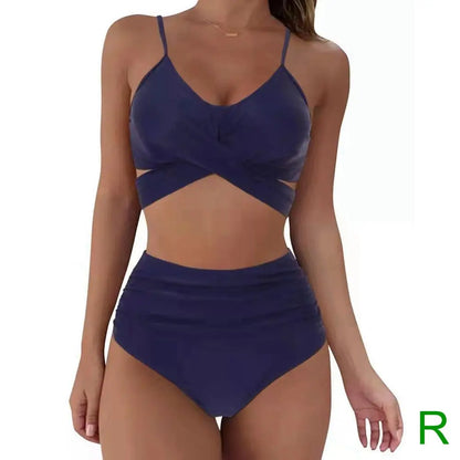 Bikini Two Piece Suit Cross Front Slim High Waisted Bottom Solid/Print Breathable Quick Drying Beachwear
