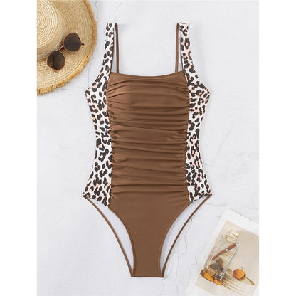 S - XXL 8 Colors Leopard Splicing Women Swimwear One Piece Swimsuit Female Wrinkled High Leg Cut Bather Bathing Suit Swim