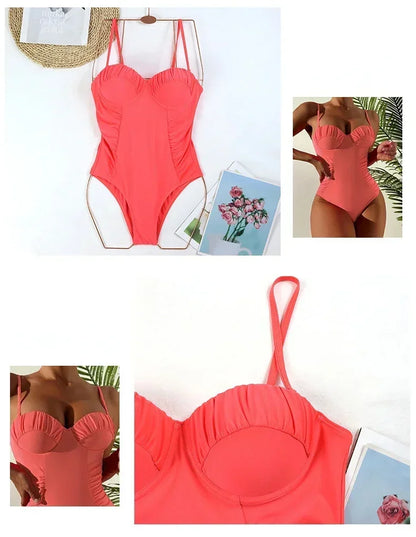 One Piece Swimsuit Swimwear Women Push Up Pleated Solid Bathing Suit Beachwear