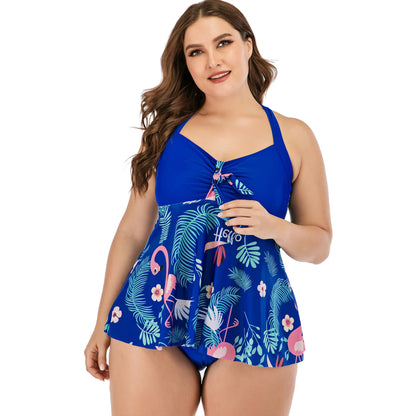 Flaming Tropical Print 2 Piece Plus Size Tankini Set Women Halter Curvy Dress Swimsuit High Waist Beach Lady Big Bathing Suit