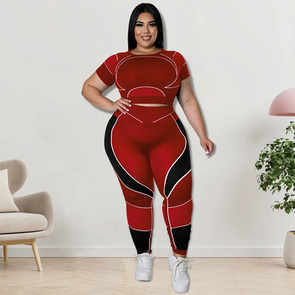 Plus Size Sets Women's Clothes Tracksuit Short Top and Pant Two Piece Sets Gym Joggers Sports Outfits High Elastic Yoga Set