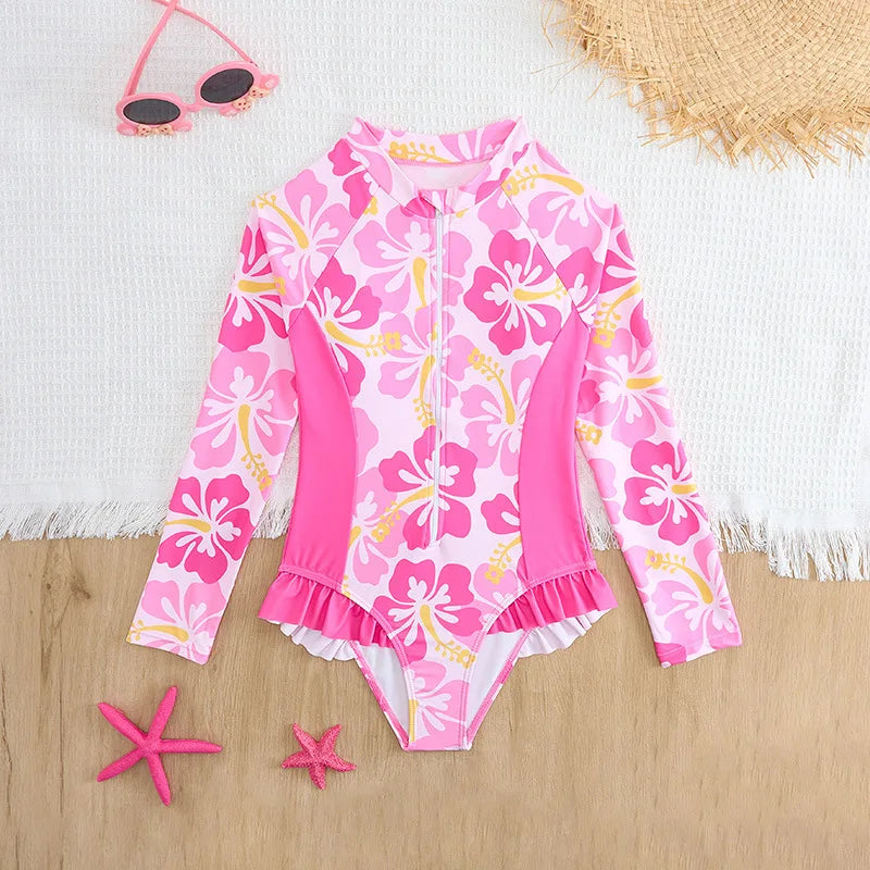 Printed Floral Girls Swimsuit One Piece Pink Kids Swimwear Female Children's Bathers Bathing Swimming Swim Suit Beachwear