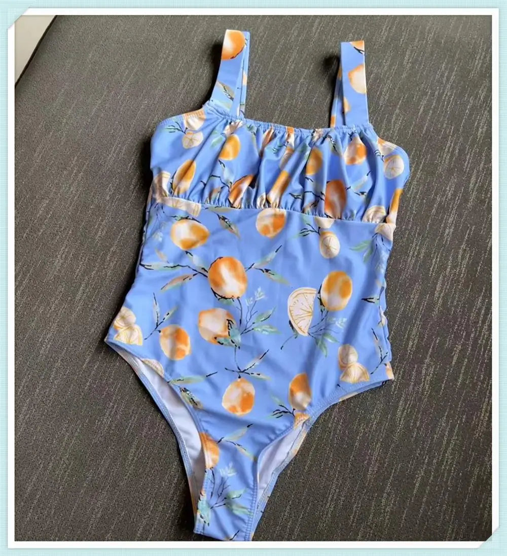 Pleated Front Swimsuit One Piece Printed Swimwear Women Bodysuit Lady Bathers Bathing Swimming Swim Beachwear Summer