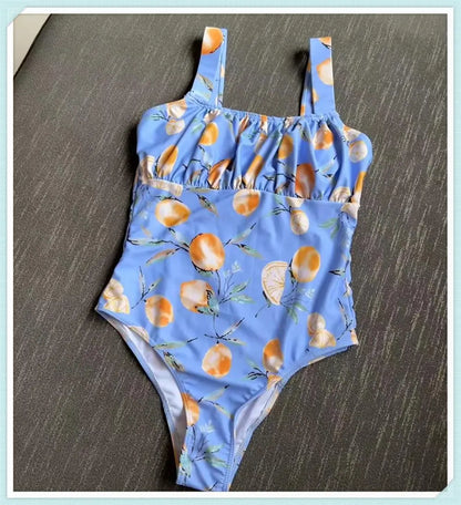 Pleated Front Swimsuit One Piece Printed Swimwear Women Bodysuit Lady Bathers Bathing Swimming Swim Beachwear Summer