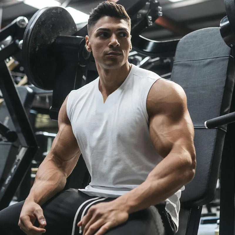 Cotton V-neck Fitness Tank Top Men Summer Muscle Vest Gym Clothing Bodybuilding Sleeveless Shirt Workout Sports Singlets