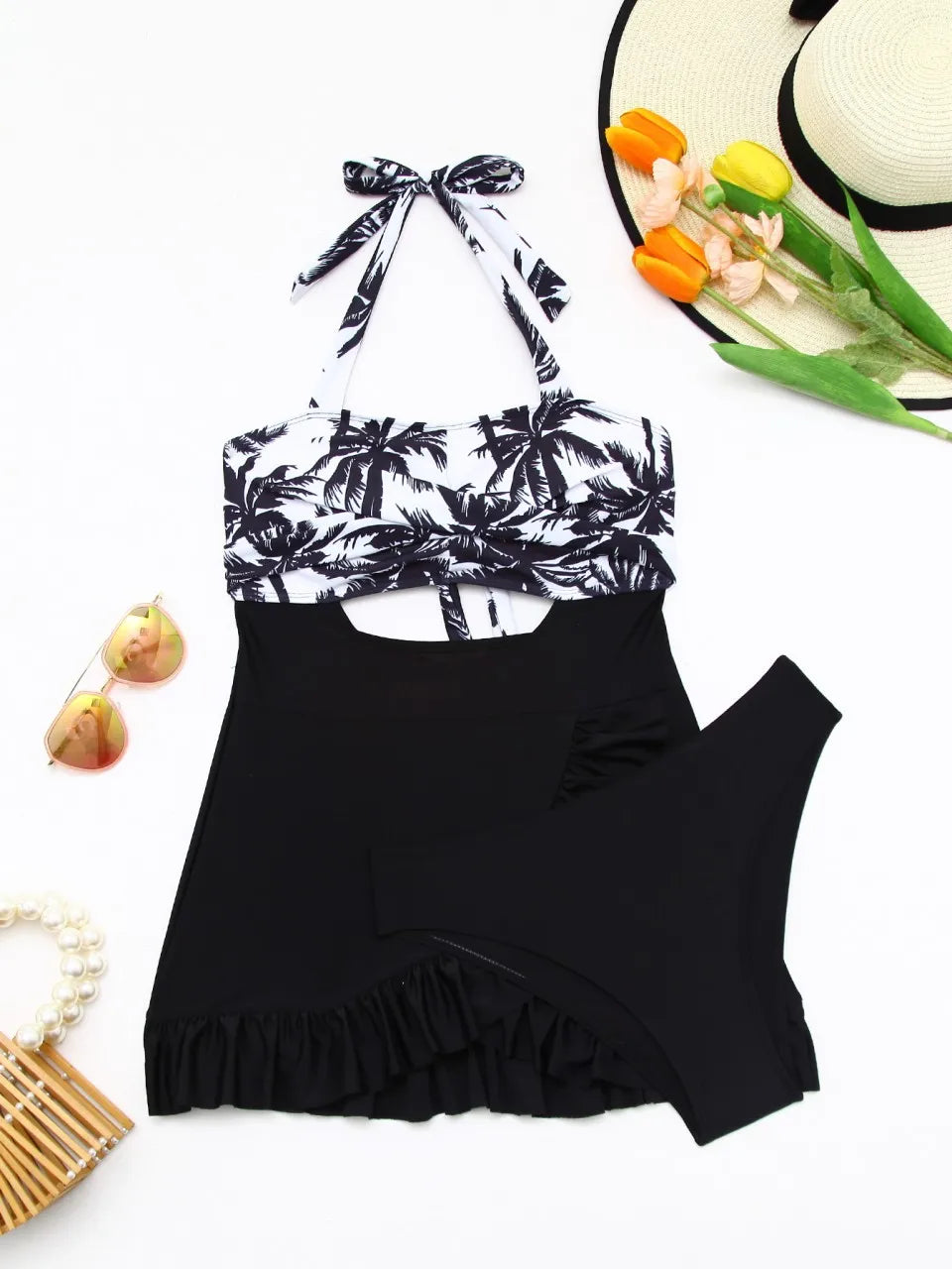 Halter Hollow Swimsuit Ruffle Slit Skirt Two Pieces Tankini With Brief Women Printed Swimwear Female Bathers Bathing Swimming Suit Beachwear