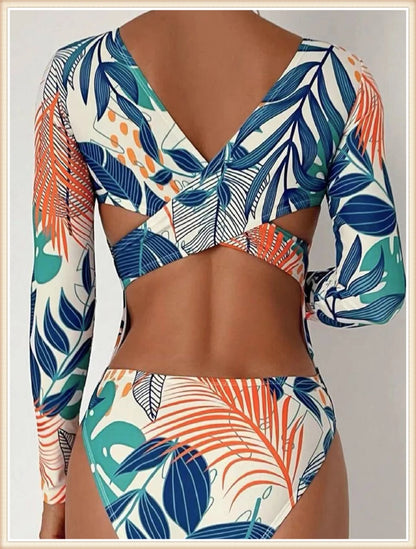 Surf Long Sleeve Swimsuit Women Back Cut Out One Piece Diving Clothes Swimwear Female Printed Bathing Swimming Bodysuit