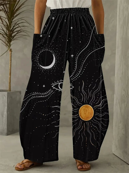 Simple Star And Moon Abstract Sun Print Pants Fashionable European And American Ladies Wide-leg Pants Delicate And Elegant Pants