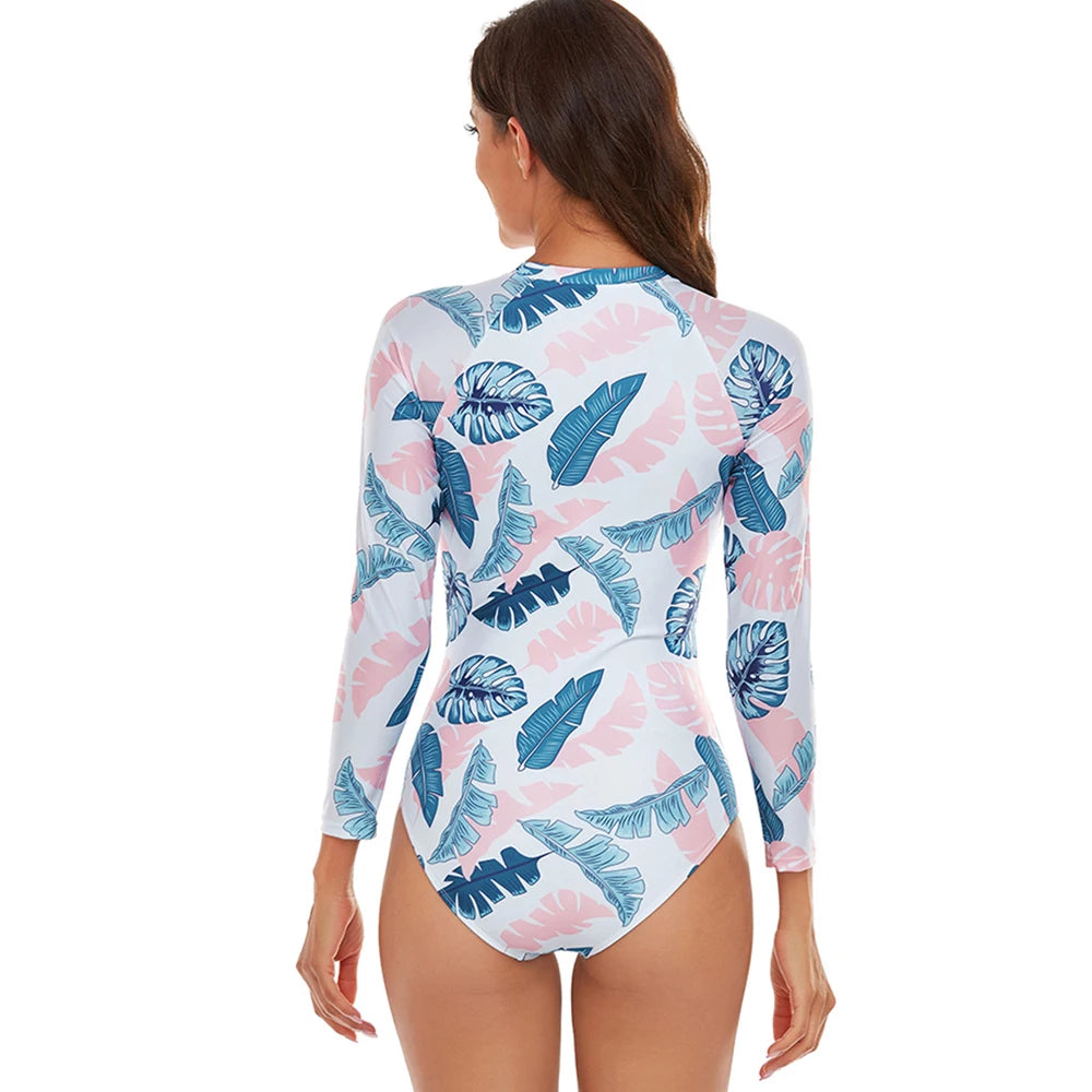 Womens Athletic One Piece Swimsuits Rashguard Long Sleeve Swimsuit Sports Surfing Swimwear Bathing Suits Printed Half Zipper XXL