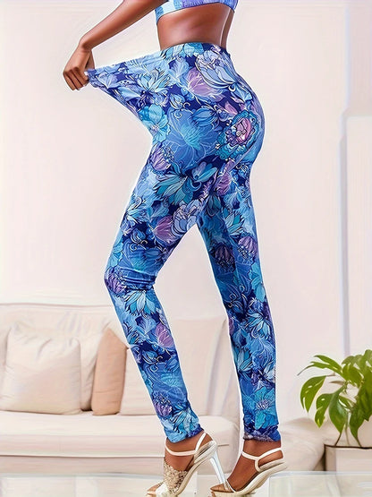 Women's Blue Floral Print Leggings Lady Skinny Stretch Leggins Fitness High Elastic Pencil Pants Stretch Tights