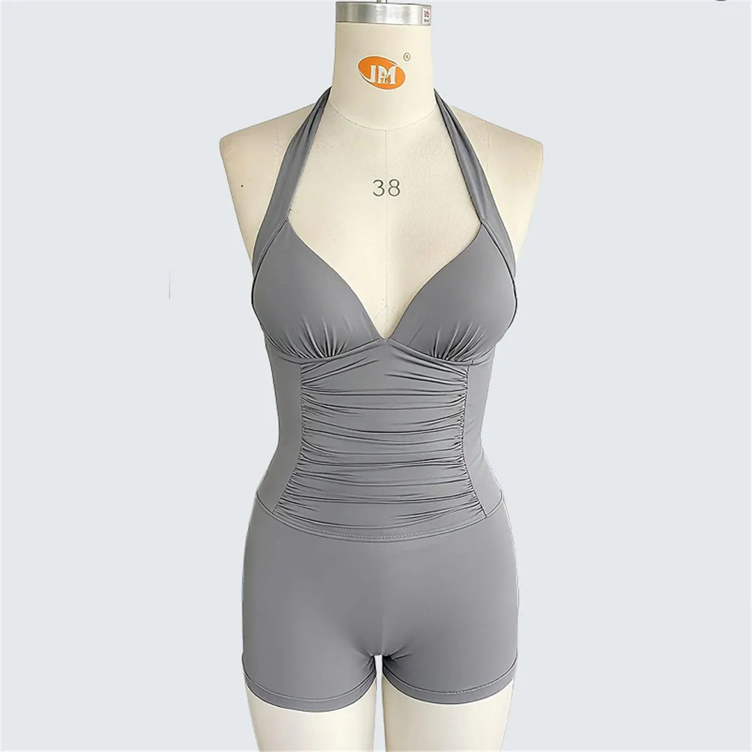 S - XXL Halter V Neck Wrinkled One Piece Swimsuit Women Swimwear Female Shorts Monokini Padded Bather Bathing Suit Swim
