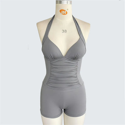 S - XXL Halter V Neck Wrinkled One Piece Swimsuit Women Swimwear Female Shorts Monokini Padded Bather Bathing Suit Swim