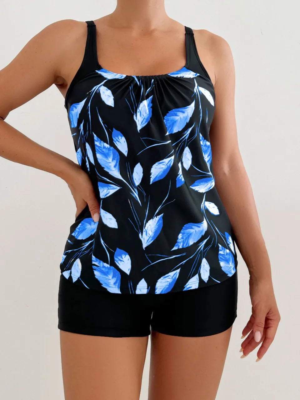 Strappy Tankini Leaf Printed Swimsuit Women Two Pieces High Waist Shorts Swimwear Female Bathing Swimming Suit Beachwear