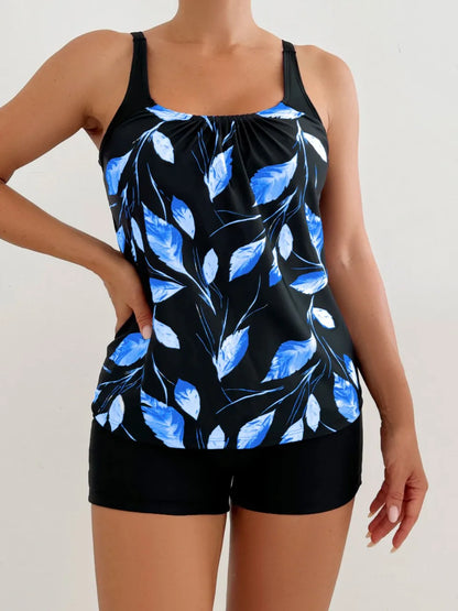 Strappy Tankini Leaf Printed Swimsuit Women Two Pieces High Waist Shorts Swimwear Female Bathing Swimming Suit Beachwear
