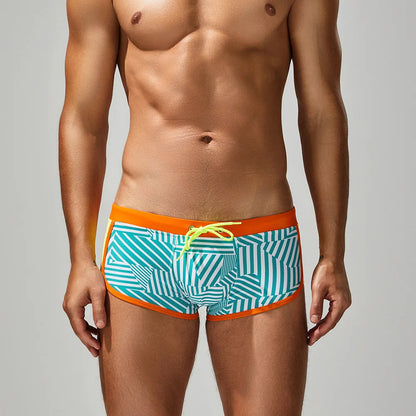 Men's Flat Angle Swimming Trunks for Hot Spring Soaking Nylon Fabric Adult Male Swimwear with Striped Pattern
