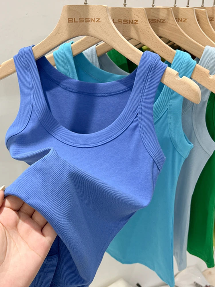 Women Solid Round Neck Ribbed Tank Top Camisole Women  Elastic Tank Top O Neck Solid Tank Top