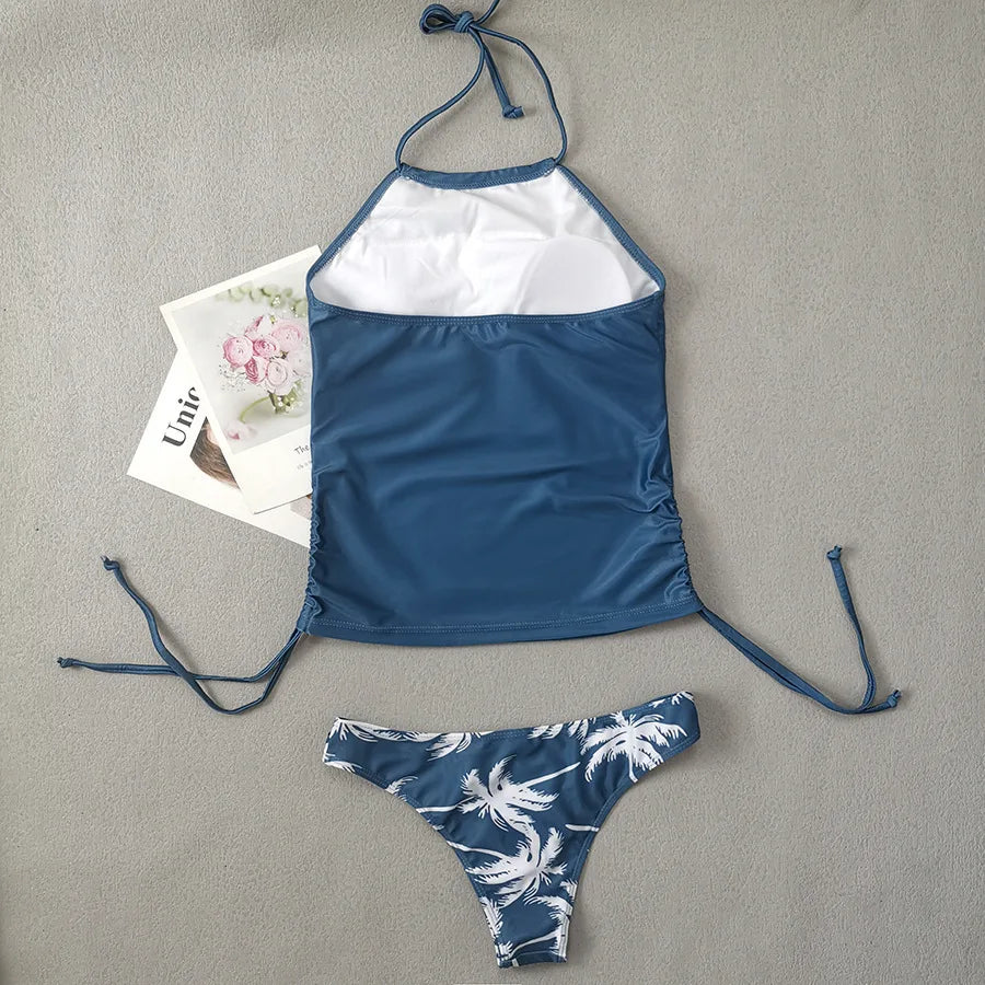 Solid Print Tankini Set Tied Halter Swimsuit Women Swimwear Biquinis Summer Backless Beach Bathing Suit