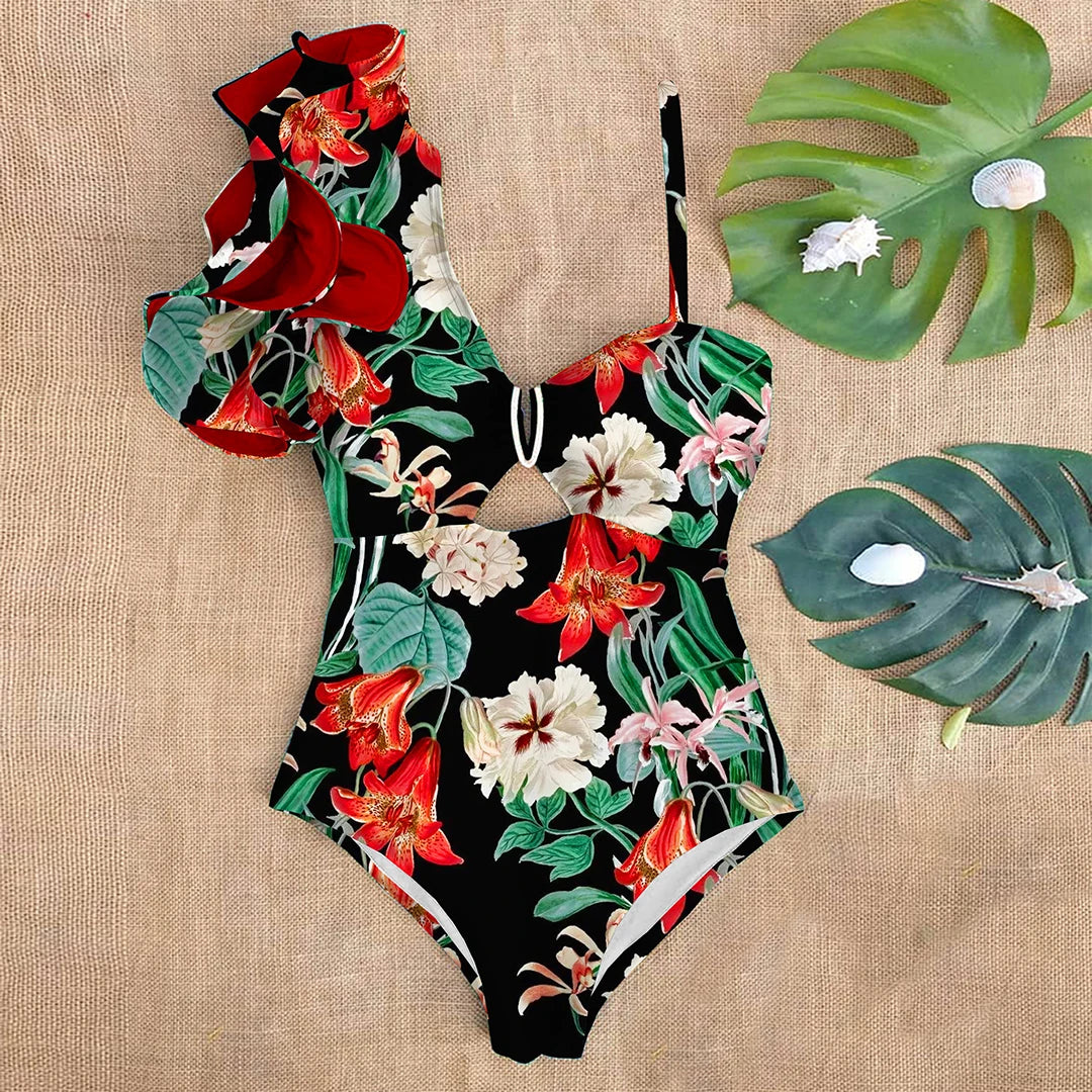 Ruffle Print Floral One Piece Strappy One shoulder Swimwear Women Swimsuit Bathing Suit Backless Beachwear Monkini