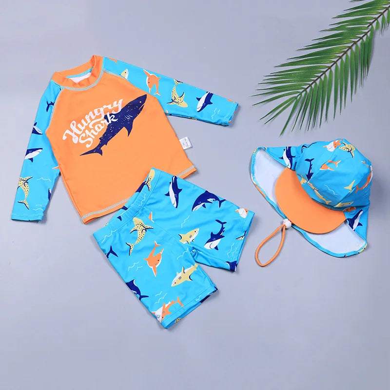 3 pcs Children Swimsuit Set Boys Quick-drying Long Short Sleeve Shark Pattern Drawstring Swimming Trunks Hat Split Bathing Suit