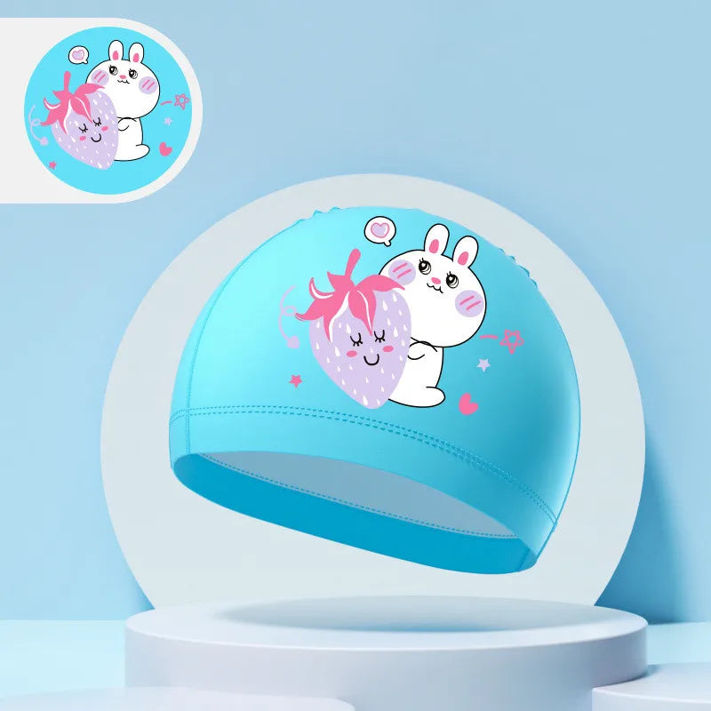 Children's Swimming Caps Boys Girls Kids Cartoon Swim Hat High Elastic Ear Protection PU Waterproof Swimming Cap