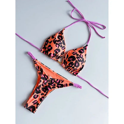 Swimwear Women Leopard Printed Bikini Set Striped Beachwear Summer Swimsuit Two-pieces Thong Bathing Suit Biquinis