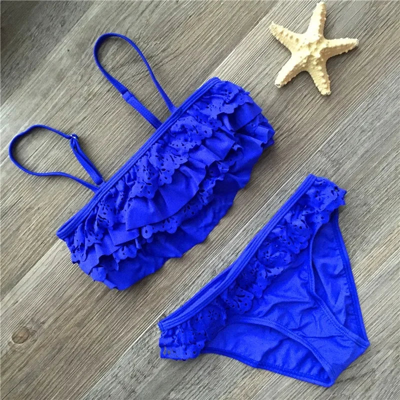 Girl Biquini Bathing Suit Teenagers Solid 2 Pieces Swimwear For Children Swimsuit Split Bikinis Set Kids Hollow Swimsuit Tankini