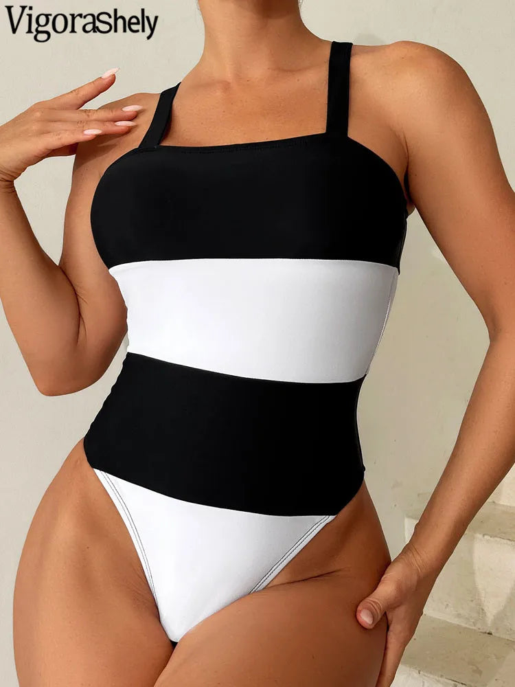 Black and White Strapped Swimwear Women Solid Patchwork One Piece Swimsuit Push Up Lady Monokini Beach Summer Bathing Suit