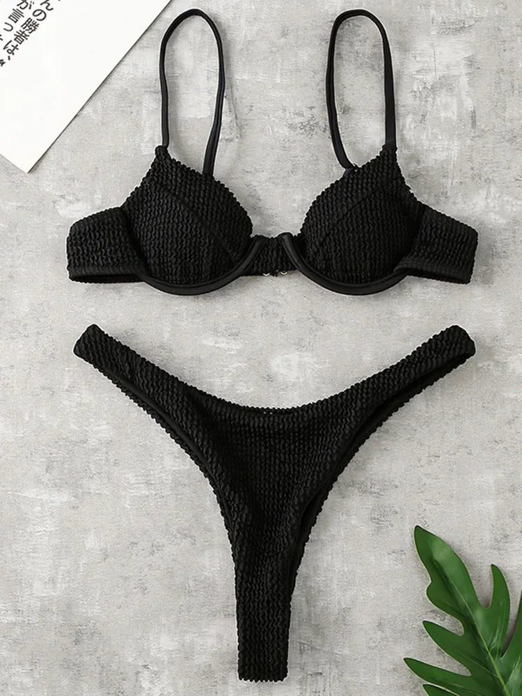 Ribbed Underwired V-Bar Thong Bikini Women Swimsuit Female Swimwear Two-pieces Bikini Set High Cut Bathing Suit Swim Beachwear