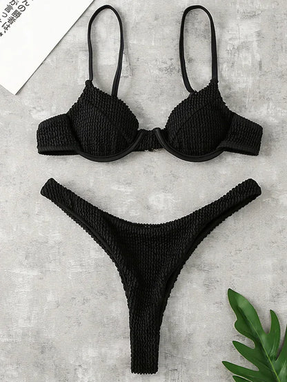 Ribbed Underwired V-Bar Thong Bikini Women Swimsuit Female Swimwear Two-pieces Bikini Set High Cut Bathing Suit Swim Beachwear