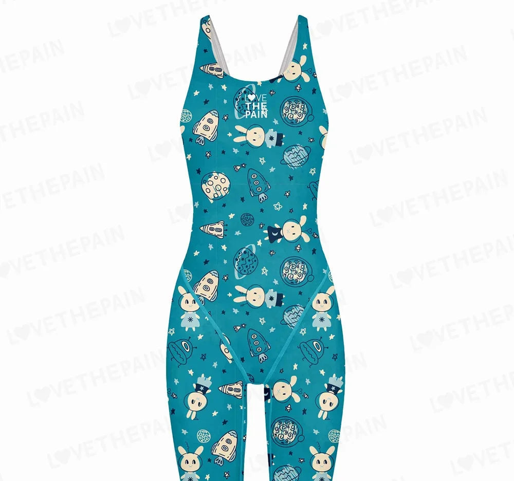 Girls Love The Pain Interesting Print Swimwear Competitive Swimming One Piece Swimsuit Knee Length Bathing Suit Beach Wear