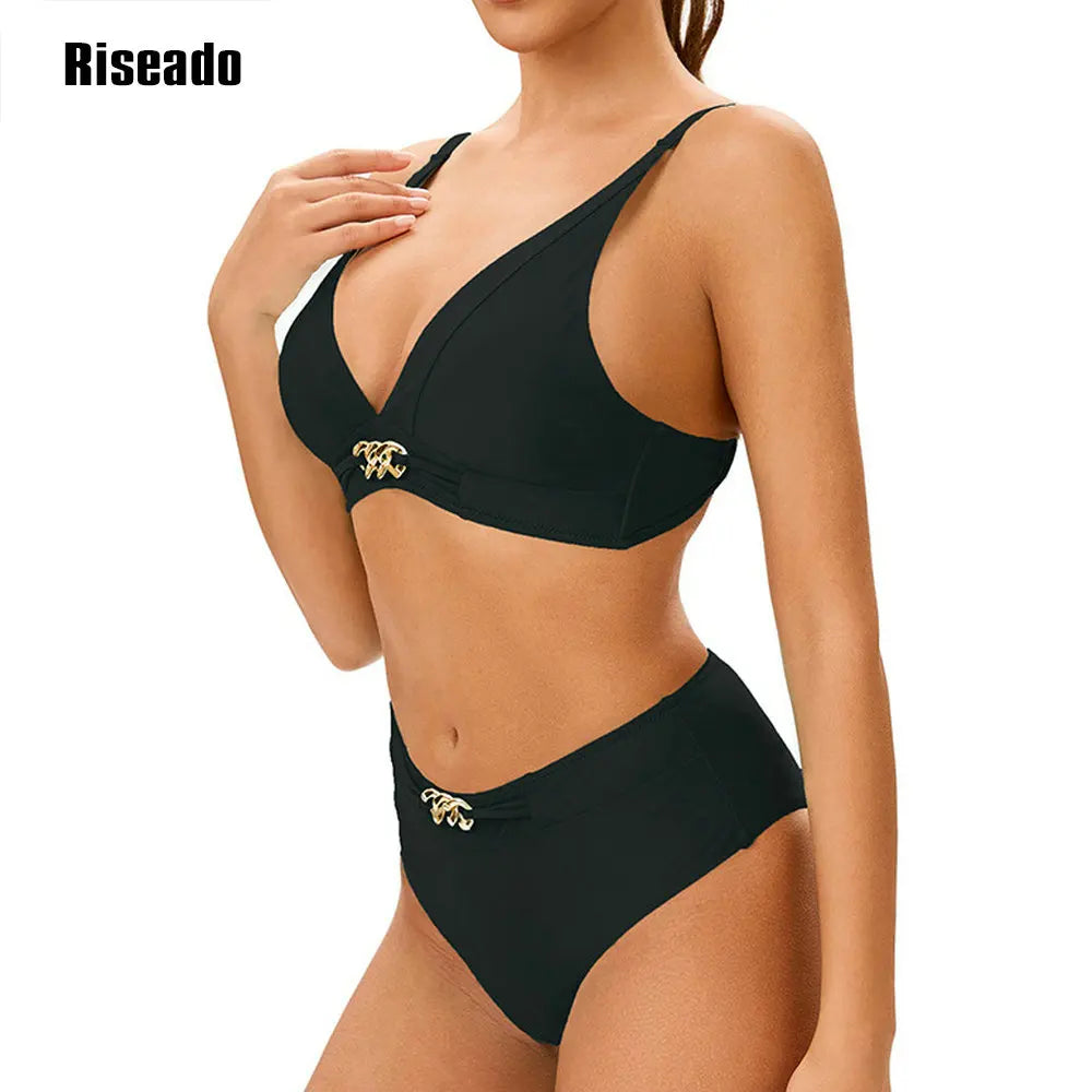 Solid Black High Waist Bikini Sets Swimsuit For Women V-neck Tank Two Pieces Swimwear