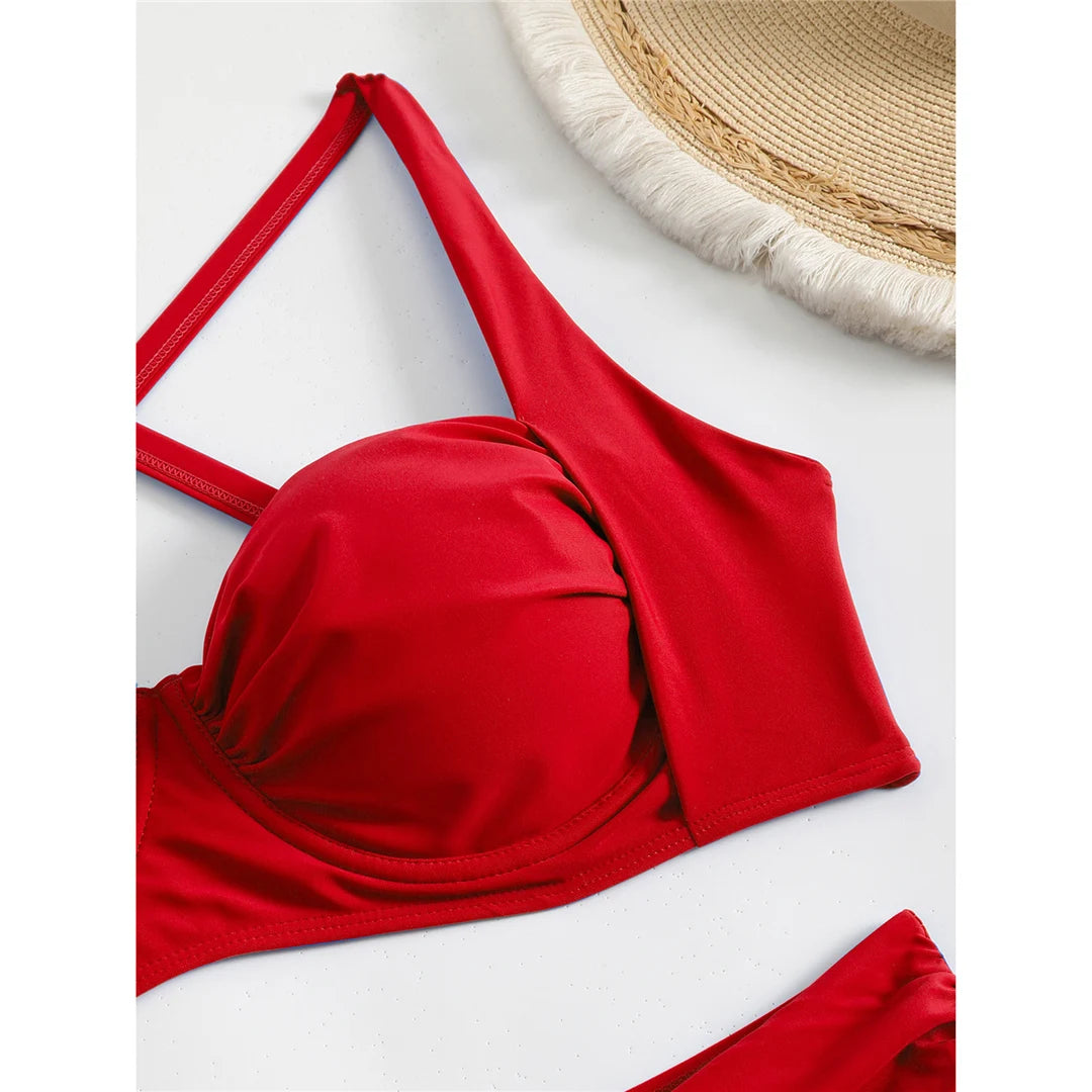 Pleated Underwired Padded Female Swimsuit High Waist Bikini Women Swimwear Two-pieces Bikini set Bather Bathing Suit Swim