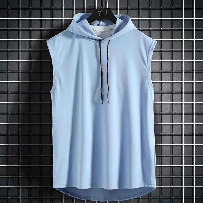Ice Silk Summer Muscle Hoodie Vest Sleeveless Bodybuilding Gym Workout Fitness Shirt High Quality Vest Hip Hop Sweatshirt Tops