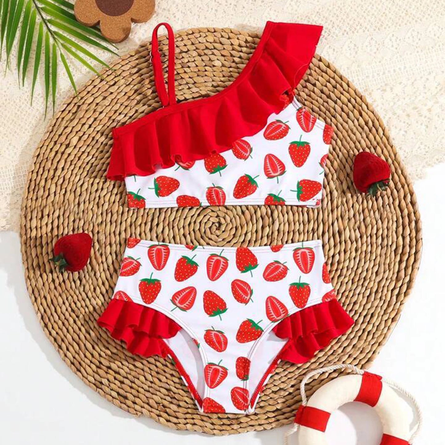 Ruffle Baby Girls Bikini Swimsuit Cute Princess Strawberry Print Beachwear Adjustable Children Bathing Suit