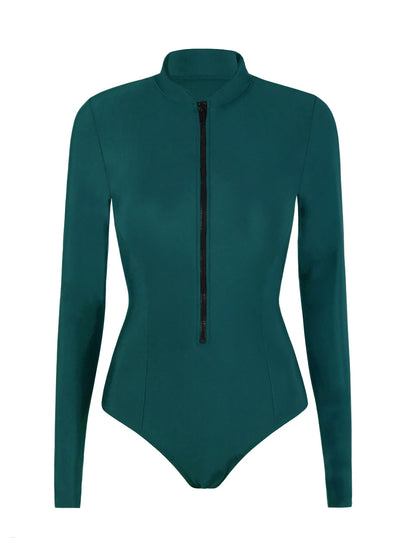 Rash Guard Swimsuit Women With Zipper Solid Long Sleeve Surfing Swimwear Female Bather Bathing Swimming Suit Beachwear