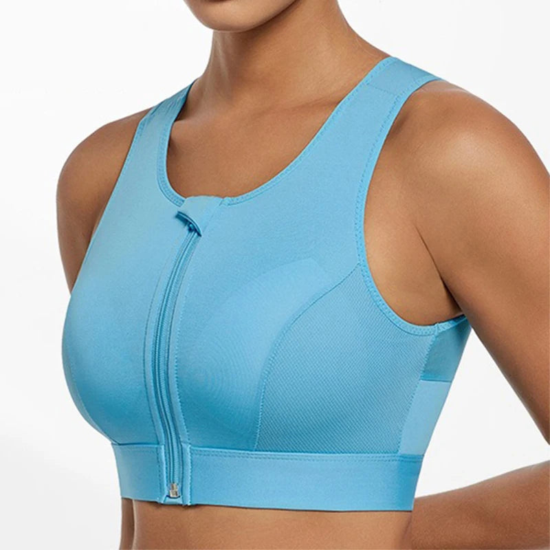 Women's Shockproof Gathered Front Zipper Yoga Bra With Padded Cup Wireless I-shaped Back With Mesh Running Sports Vest