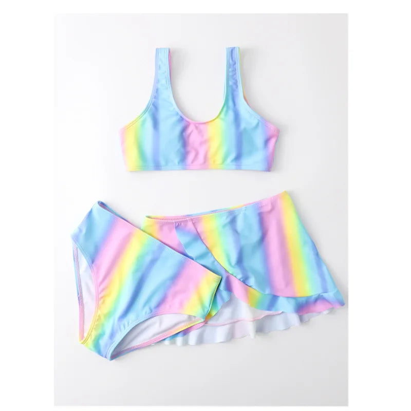 Girls 3 piece Rainbow Bikini Sets With Skirts Cover Up Beach Kids Swimsuit 7-12 Years Children's Swimwear Teens 2024 Summer