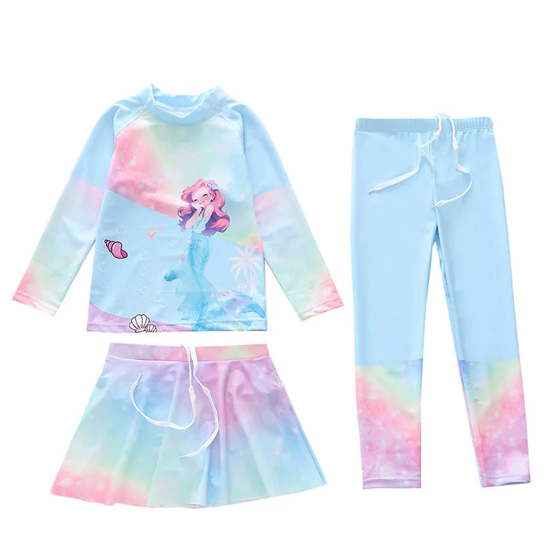 Swimsuit for Children Long Sleeve Rash Guard Swim Skirt and Surf Pant Set Sunscreen UV Protection Beach Kids Bath Clothes Girl