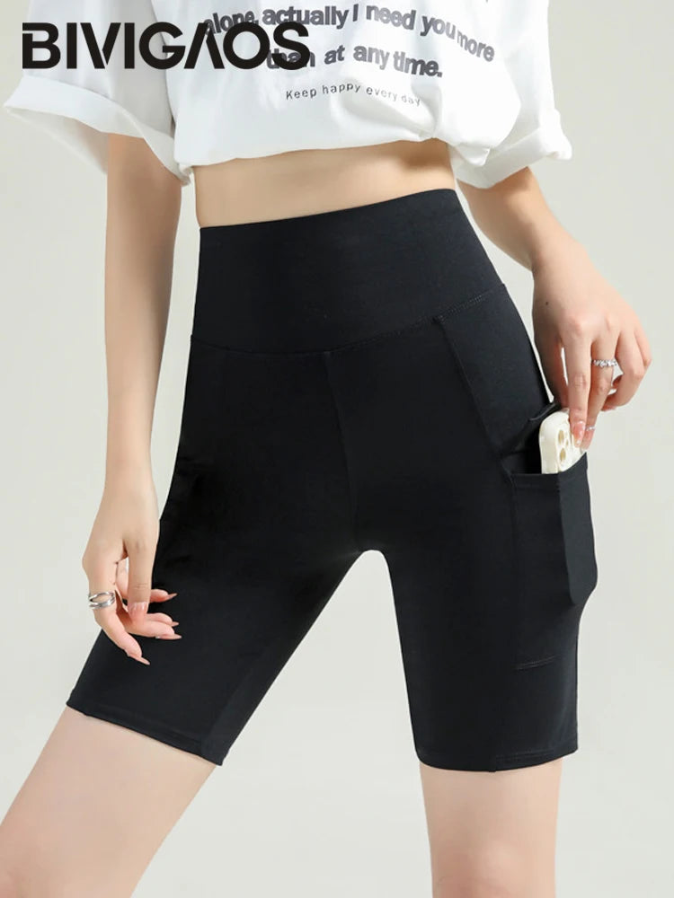 BIVIGAOS Summer New Cargo Pocket Shark Shorts Women's Sport Fitness Cycling Shorts High Waist Running Tight Biker Short Leggings