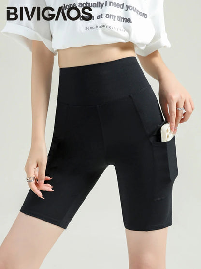 BIVIGAOS Summer New Cargo Pocket Shark Shorts Women's Sport Fitness Cycling Shorts High Waist Running Tight Biker Short Leggings