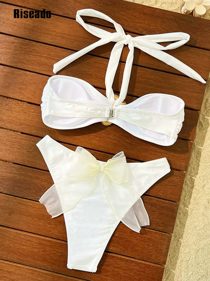 Women's Bandeau Bikinis Solid Cut-Out High Neck Halter Bikini Set Swimwear With bow Design on bottom