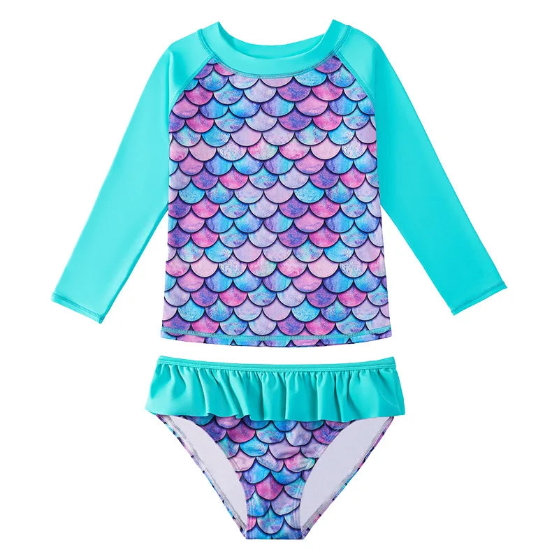 Children's Mermaid Split Bathing Suit Baby Girl Fish Scale 3D Printing Sunblock Swimsuit Kids Long Sleeves Top+Bikini 2Pcs Set