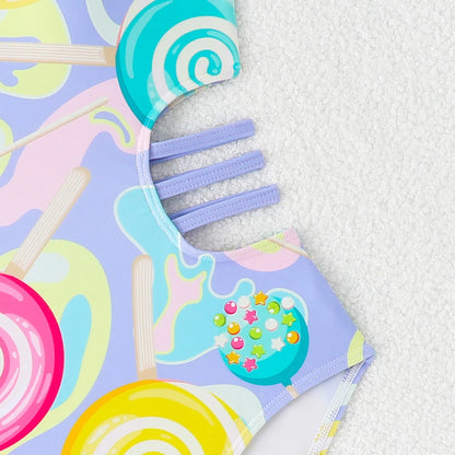 Lollipop Print Summer Kids Girls One-Piece Swimsuit Swimwear Hollow Girls Monokini Children's Swimming Wear Bathing Suit 8-12Y
