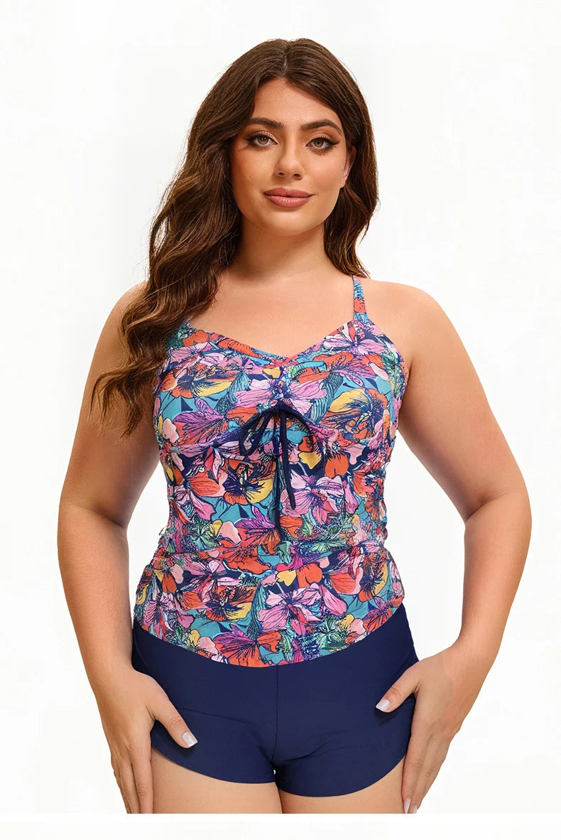 Women's Plus Size Printed Tankini Swimsuit - Crisscross Back Top + Tie-Side High-Waist Shorts, Flattering Swimwear for Beach