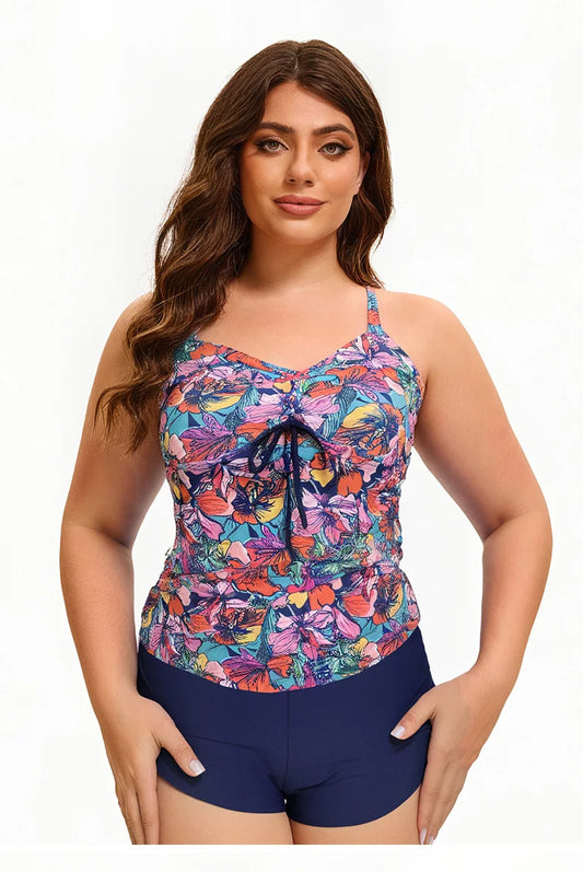 Women's Plus Size Printed Tankini Swimsuit - Crisscross Back Top + Tie-Side High-Waist Shorts, Flattering Swimwear for Beach